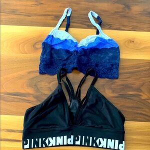 PINK Victoria's Secret Blue Lace and Black Sporty Bralette Set